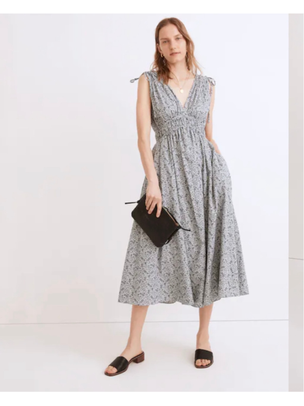 Madewell Sophia Smocked Midi Dress Size S Grey Black Floral Print